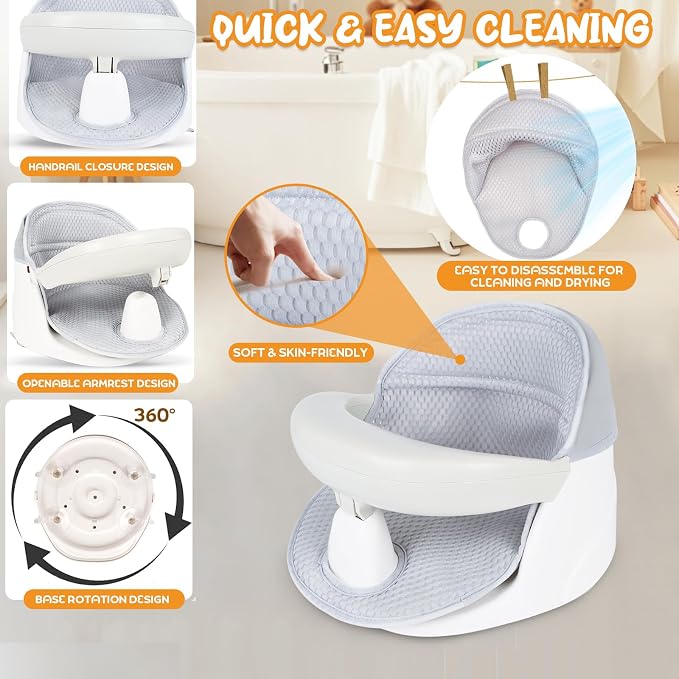 Swivel Baby Bath Seat, Openable Armrest and 360° Rotatable Baby Bath Seat - Image 3