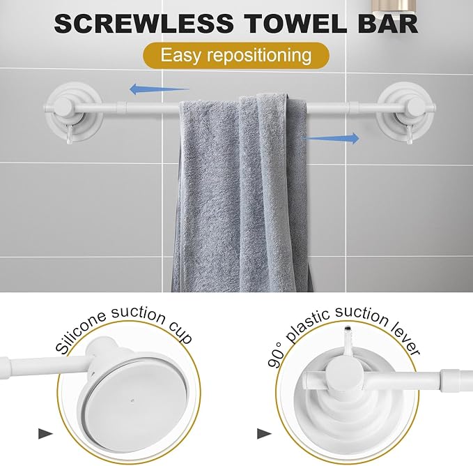 Suction Cup Towel Bar for Shower, 15.75''-25.6'' Adjustable Stainless Steel - Image 5