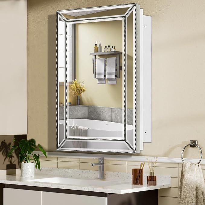 Bathroom Medicine Cabinet with Silver Metro Beaded Wooden Frame, 16x26 Inch - Image 2
