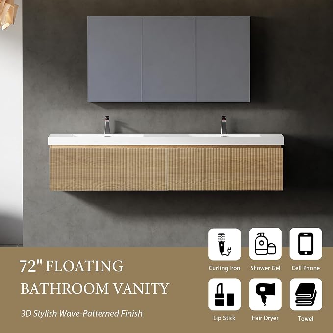 Modern 72'' Floating Bathroom Vanity Sink Combo, Wall-Mounted Striped Cabinet - Image 2