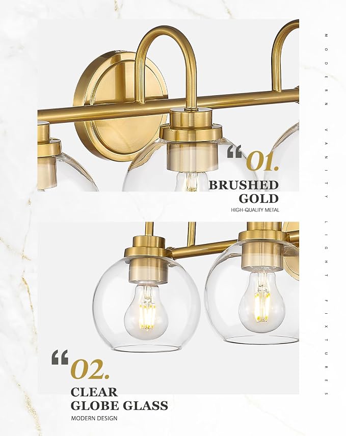 Bathroom Light Fixtures, 3-Light Brushed Gold Vanity Lights - Image 3