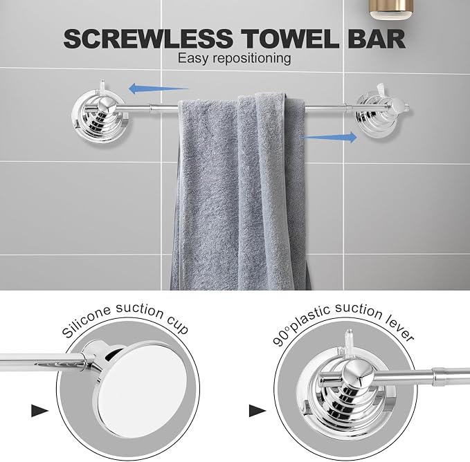 Suction Cup Towel Bar for Shower, 15.75''-25.6'' Adjustable Stainless Steel - Image 3