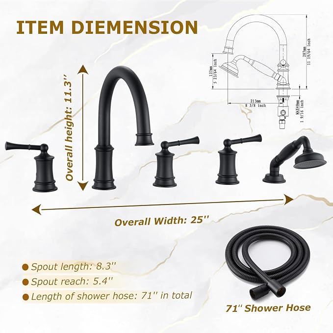Matte Black Roman Bathtub Faucet Set 5 Hole Deck Mount, Classic Tub Filler - Image 3