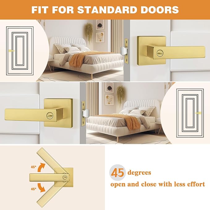 Probrico Interior Flat Square Gold Privacy Door Handle, Heavy Duty Keyless - Image 5