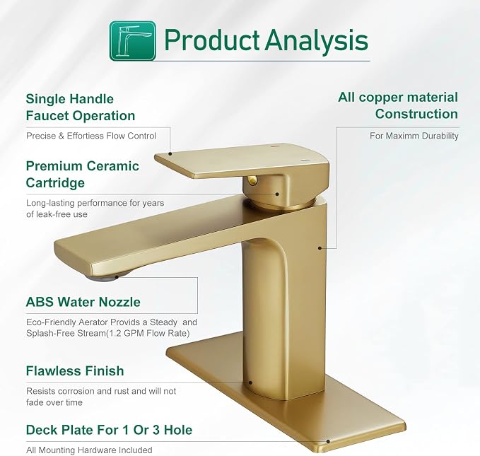 VOTON Brushed Gold Bathroom Sink Faucet Single Handle Bathroom Faucets - Image 6