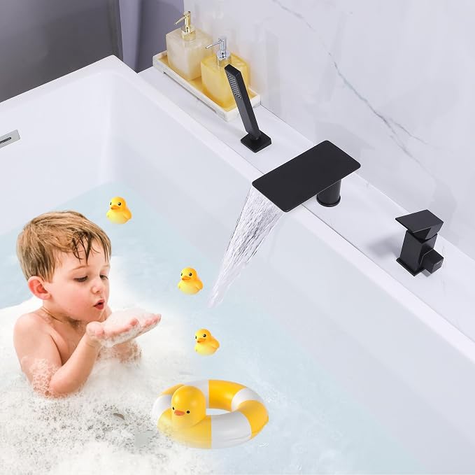 Roman Tub Faucet with Hand Shower, Matte Black Deck Mount Waterfall Tub Faucet - Image 9