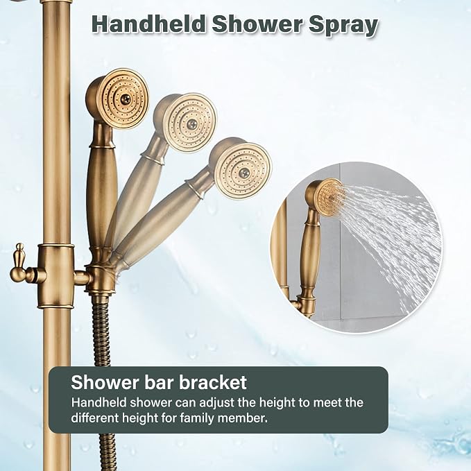 NeierThodore Antique Brass Bathroom Shower Faucet System Set 8 Inch Rainfall - Image 6