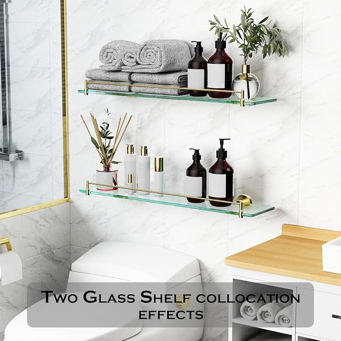24 Inch Glass Bathroom Shelves, Brushed Gold Floating Shelves - Image 5