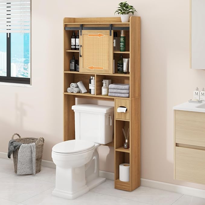 Over The Toilet Storage Cabinet, Farmhouse Rattan Storage Cabinet Over Toilet - Image 6