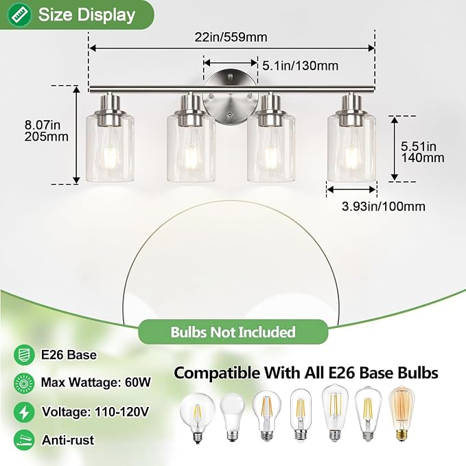 4-Light Bathroom Light Fixtures, Brushed Nickel Modern Vanity Lights Over Mirror - Image 7
