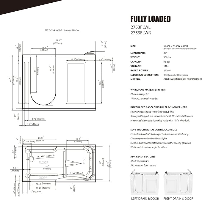 ANZZI Walk In Tub 53" x 27" Right-Drain Bathtub, Air & Whirlpool Massage Jets - Image 8