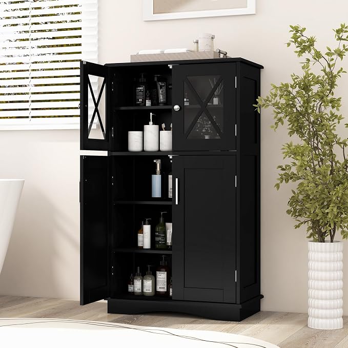Tangkula Freestanding Floor Cabinet w/2 Glass Doors, 3-Level Adjustable Shelves - Image 2