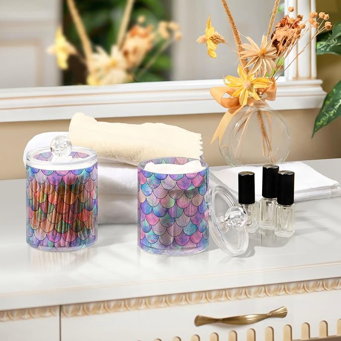 MNSRUU 2 Pack Qtip Holder Organizer Dispenser Colorful Mermaid Scales Bathroom - Image 7