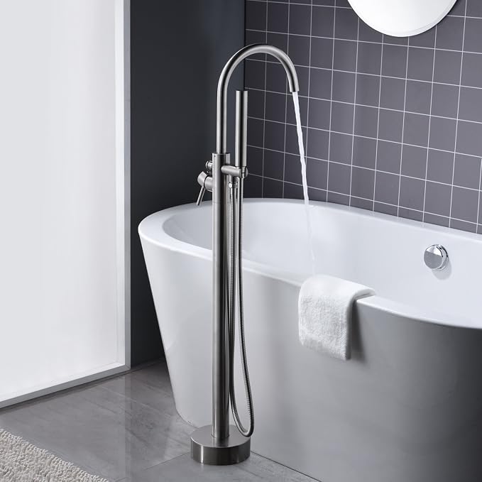 Freestanding Tub Filler Bathtub Faucet Brushed Nickel Floor Mount Single Handle - Image 3
