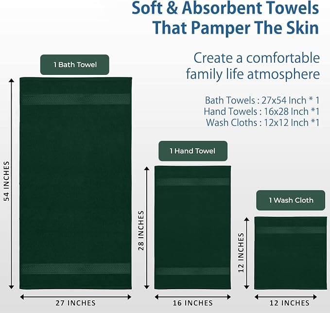 DAN RIVER 100% Ring Spun Cotton 3-Piece Towel Set, Hunter Green, Bath Towel - Image 4