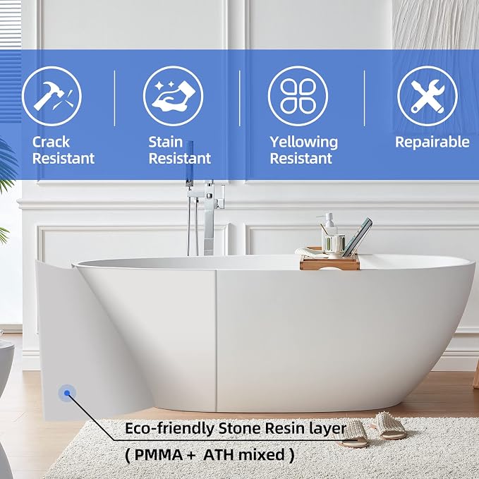 Cpingao 63" Freestanding Bathtub, Oval Shaped Resin Stone Freestanding Tubs - Image 2