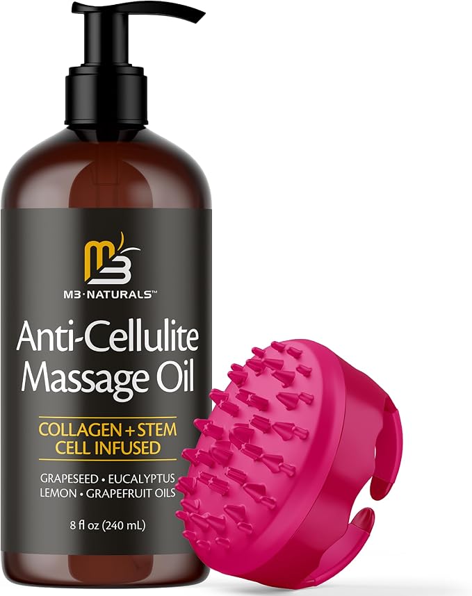 Anti Cellulite Massage Oil and Silicone Body Brush – Collagen and Stem Cell by M3Naturals