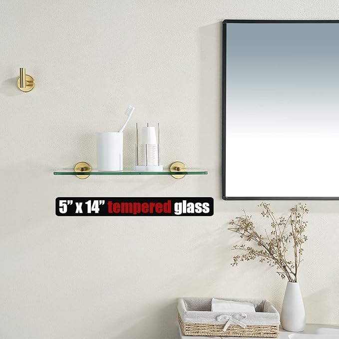 JQK Bathroom Glass Shelf Gold, Tempered Glass Shower Storage 14 by 5 inches - Image 2