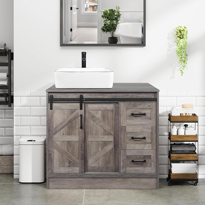36-Inch Barn Door Bathroom Vanity, Farmhouse Style Standing Cabinet Without Sink - Image 7