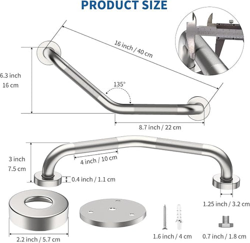 16 Inch Angled Shower Grab Bar, Munzong 2 Pack Anti Slip Satin Brushed Nickel - Image 2
