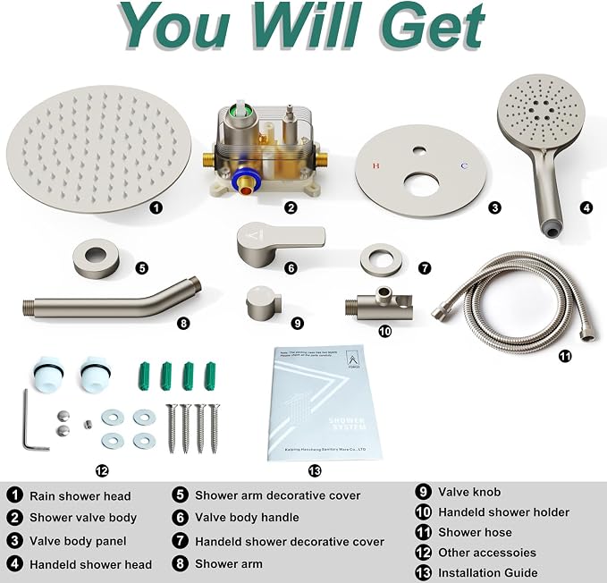 Shower Faucet Set 12IN Brass Rough-In Valve Body Trim Kit Rainfall Included - Image 7