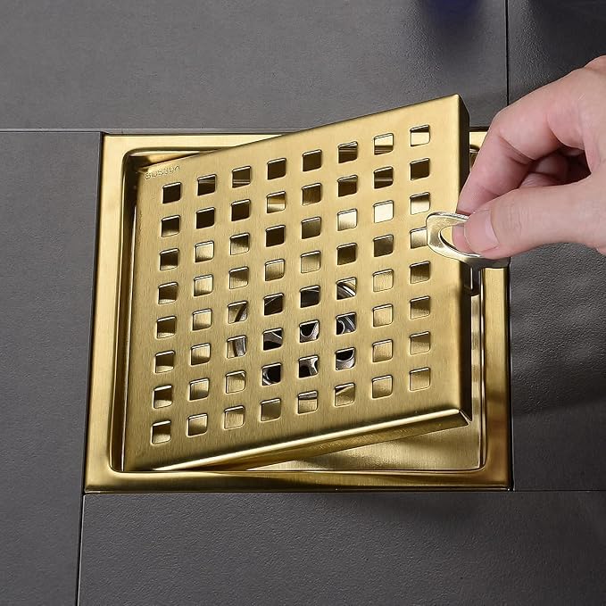 Square Shower Floor Drain Brushed Gold 6 Inch，Grille - Image 3