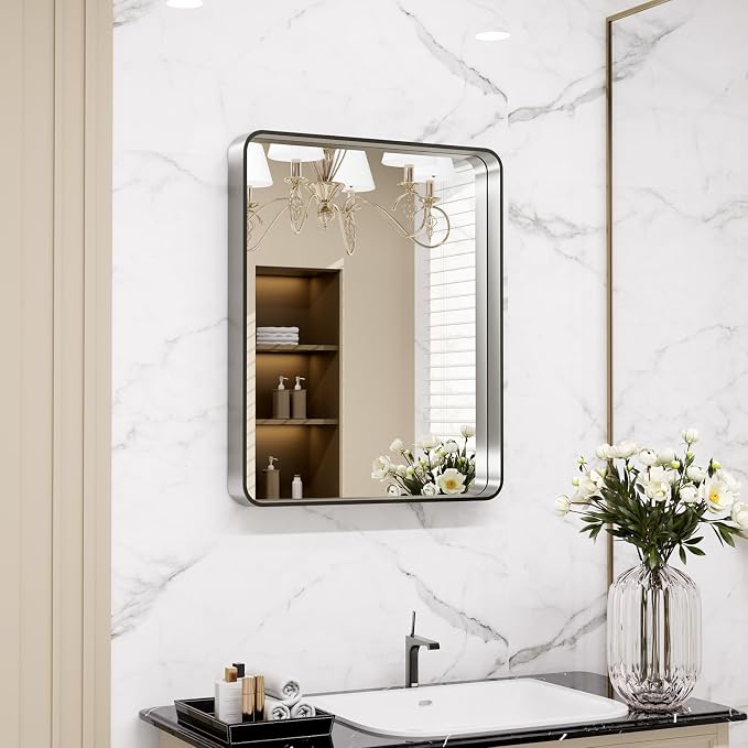 LOAAO 20x16 Inch Brushed Nickel Bathroom Mirror, Rounded Rectangle Silver Metal by LOAAO