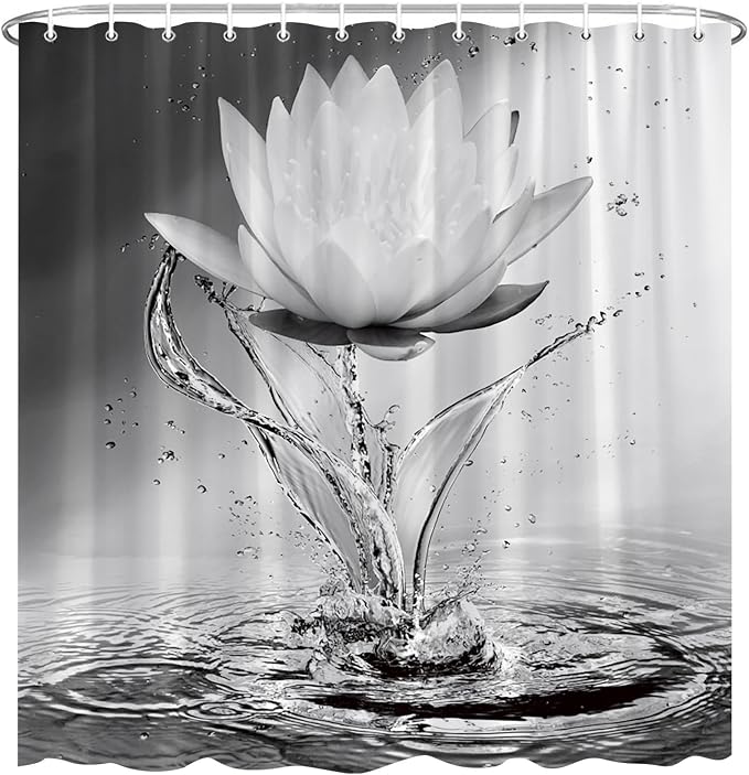 Lotus Shower Curtain Black White Grey Flower Elegant Blooming Floral - Image 3