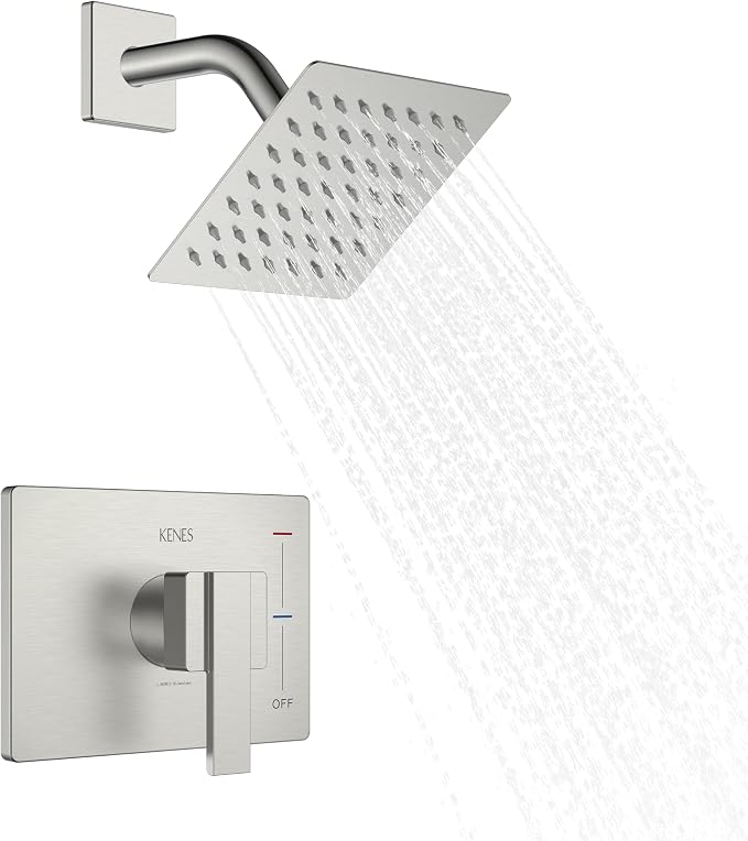 KENES Brushed Nickel 6-Inch Shower Head and Handle Set, Square Shower Faucet by KENESBathroomKitchen