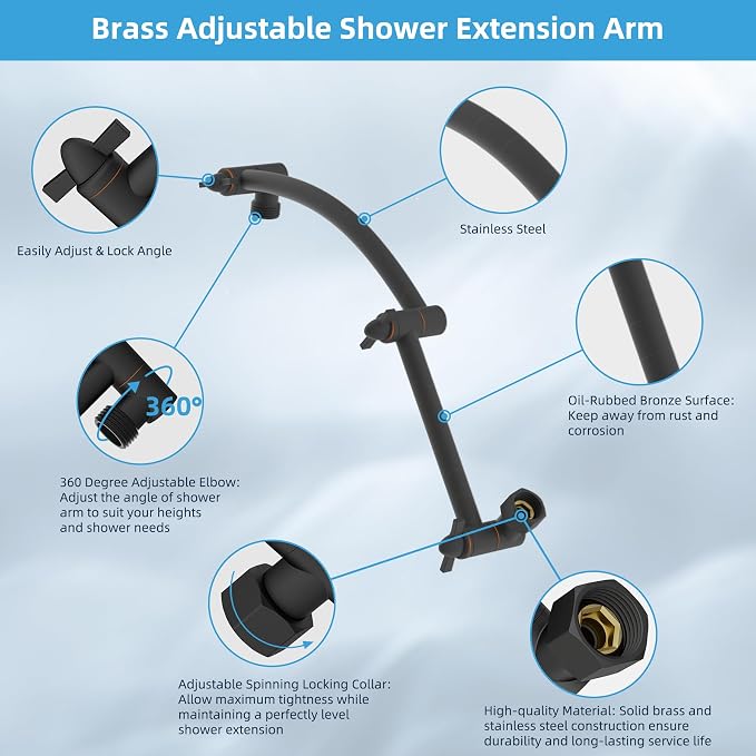 Hibbent All Metal Rain Shower Head, Solid Brass Adjustable Shower Arm Extender - Image 4