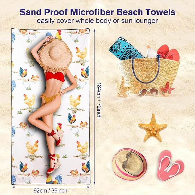 Country Rooster Pattern Beach Towel 36"x72" Quick-Dry Sand-Free Soft Microfiber - Image 3