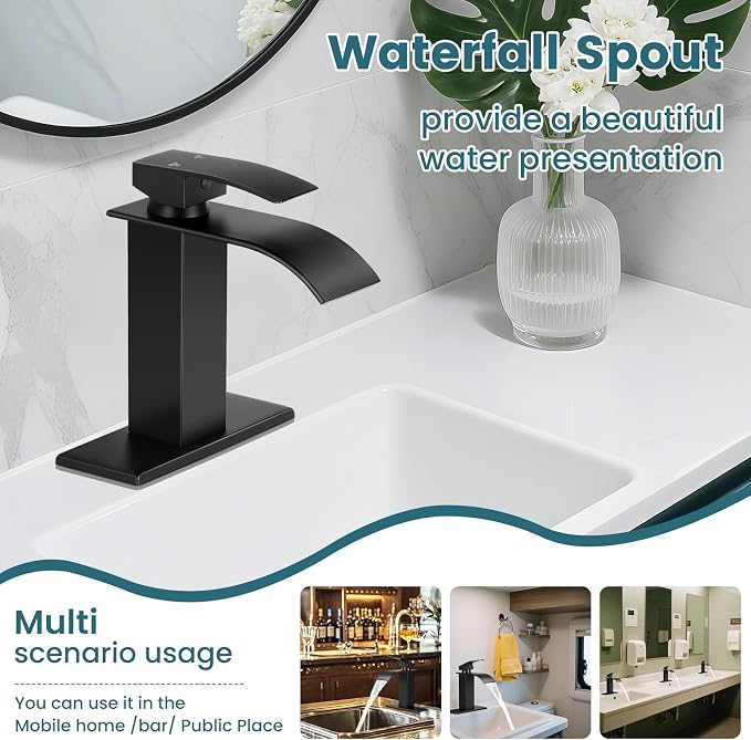 Bathroom Faucets Matte Black Waterfall Bathroom Sink Faucet Modern Single - Image 5
