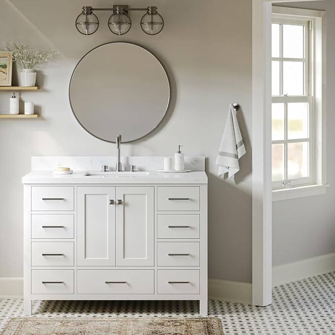 ARIEL Cambridge 48" White Bathroom Vanity, 1.5" Edge Carrara White Quartz - Image 3