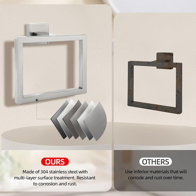 2-Piece Brushed Nickel Square Towel Ring, Modern Hand Towel Holder - Image 4