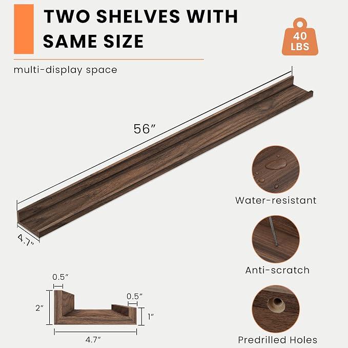 Heimlove Picture Ledge Shelf, Floating Shelves Set of 2, 56 Inches Picture Shelf - Image 3