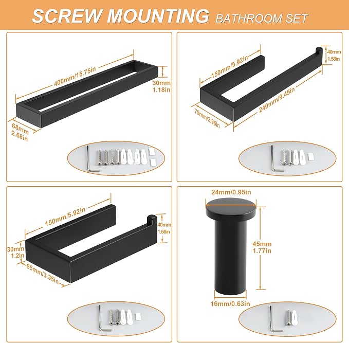 SAYAYO 7-Piece Bathroom Hardware Set Black, Includes 16 Inch Towel Bar - Image 7