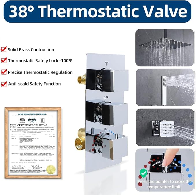 HOMEDEC Brass 4 Ways Shower Diverter Valve, Thermostatic 4 Outlets 3 Handles - Image 2