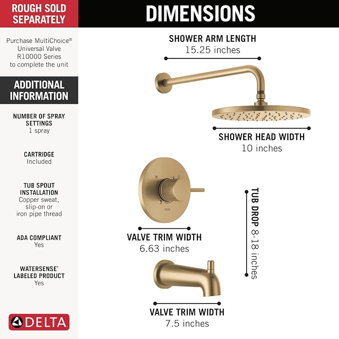 Delta Faucet Modern Raincan Round Single-Function Tub and Shower Trim Kit Gold - Image 3