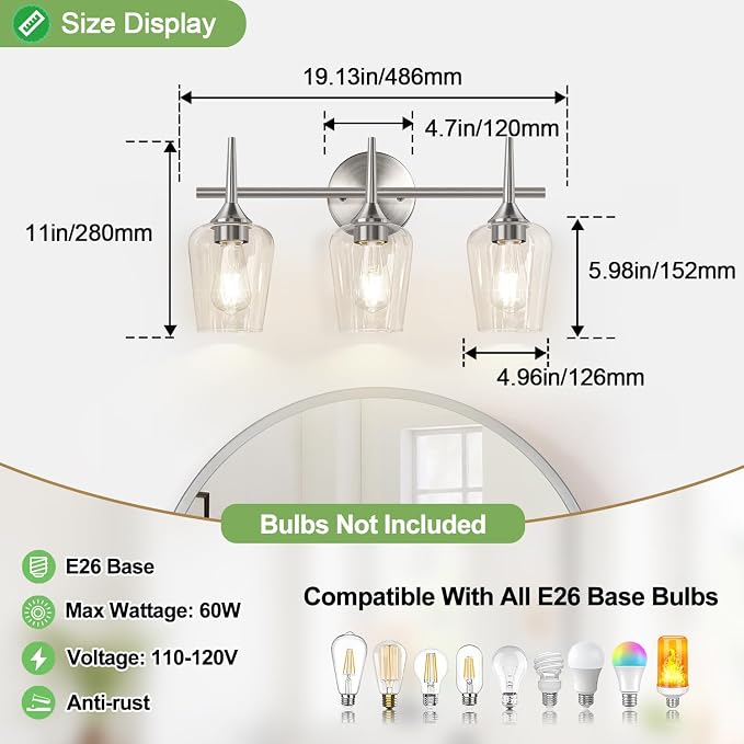 3-Light Bathroom Light Fixtures, 19.5 in Brushed Nickle Vanity Lights - Image 8