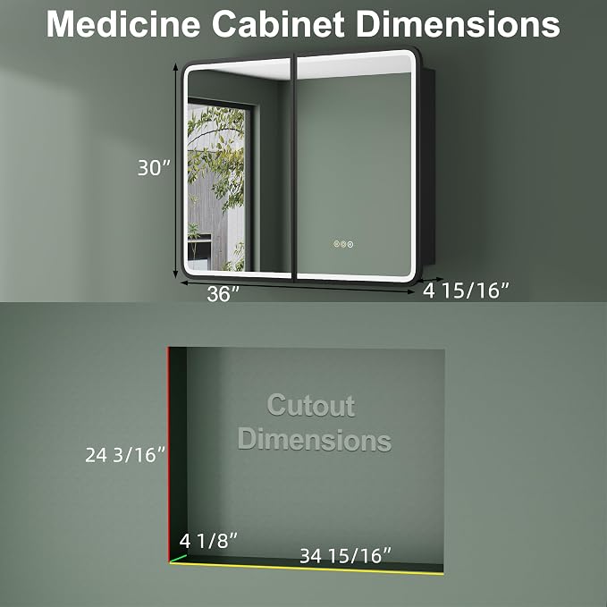 Medicine Cabinet with LED Lights and Mirror, 36 x 30 Inch Wall or Recessed - Image 2