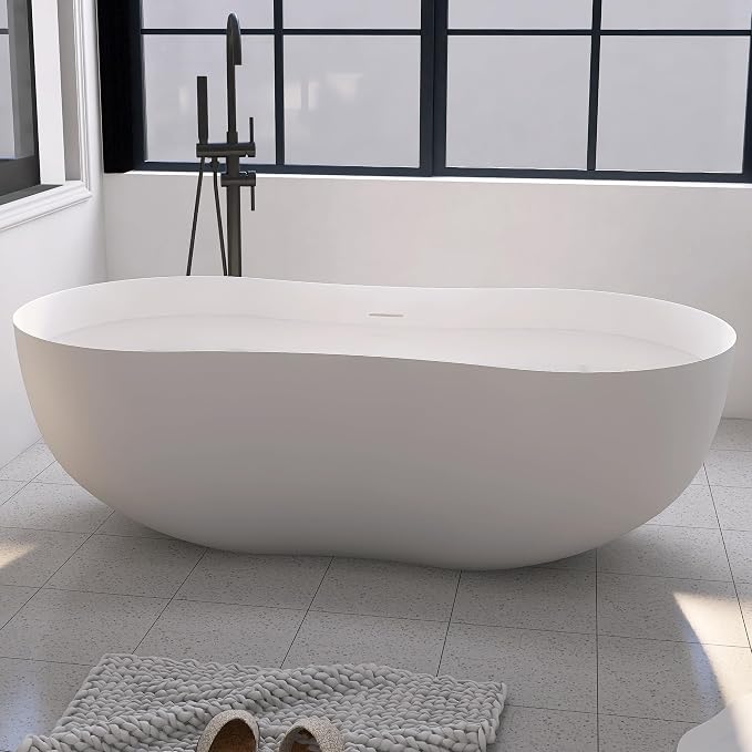 67 Inch Stone Resin Freestanding Bathtub, Contemporary Peanut Oval Stand Alone by MEDUNJESS