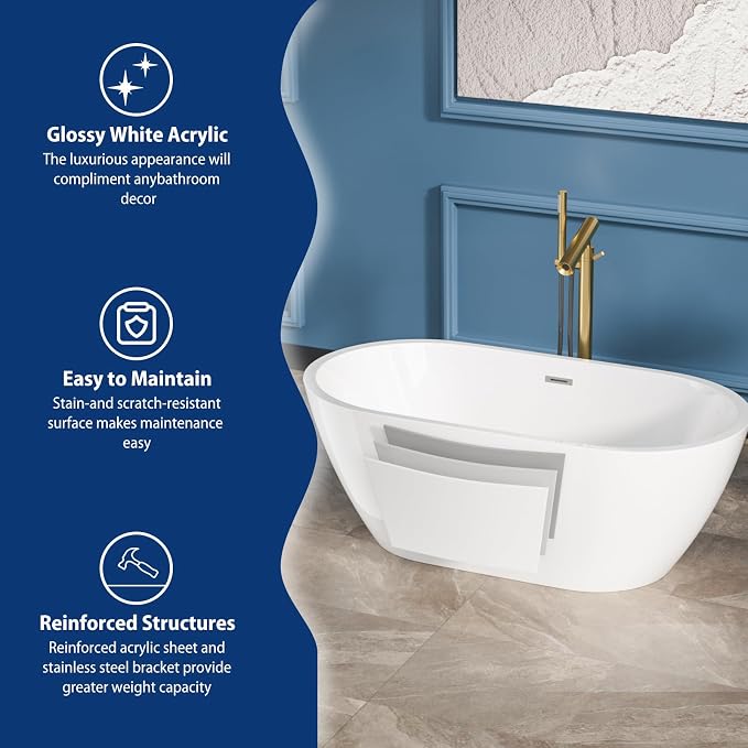 Sarlai 59 Inch Acrylic Freestanding Soaking Bathtub Contemporary Soaking White - Image 5