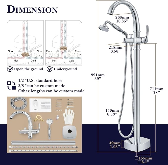 Free Standing Tub Faucet, Hanallx Luxury Polished Chrome Freestanding Bathtub - Image 6