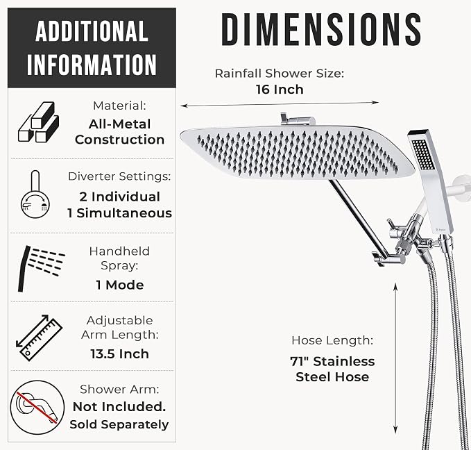 G-Promise All Metal 16 Inch Dual Square Shower Head - Image 6