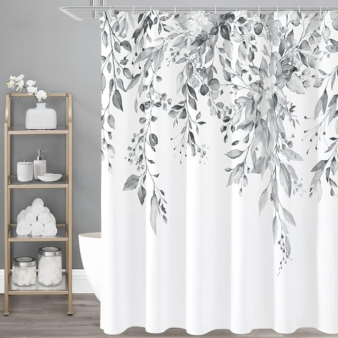 Gibelle Grey Eucalyptus Shower Curtain, Watercolor Plant Leaves by Gibelle
