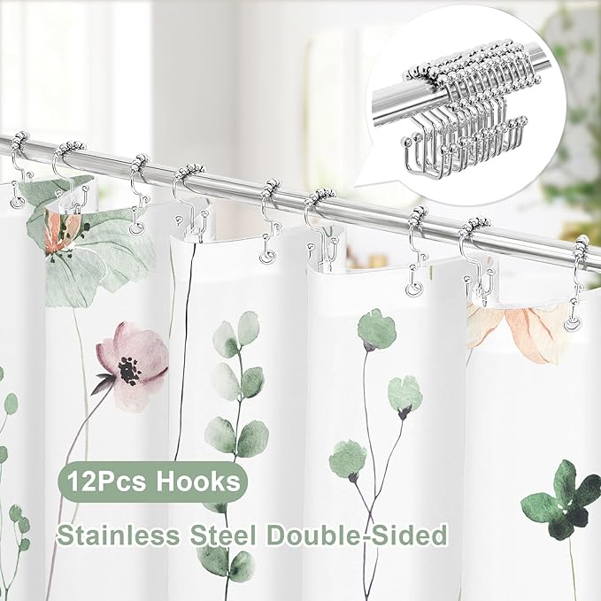 Gibelle 3 in 1 Shower Curtain Set, Sage Green Watercolor Floral Bath Curtain - Image 3