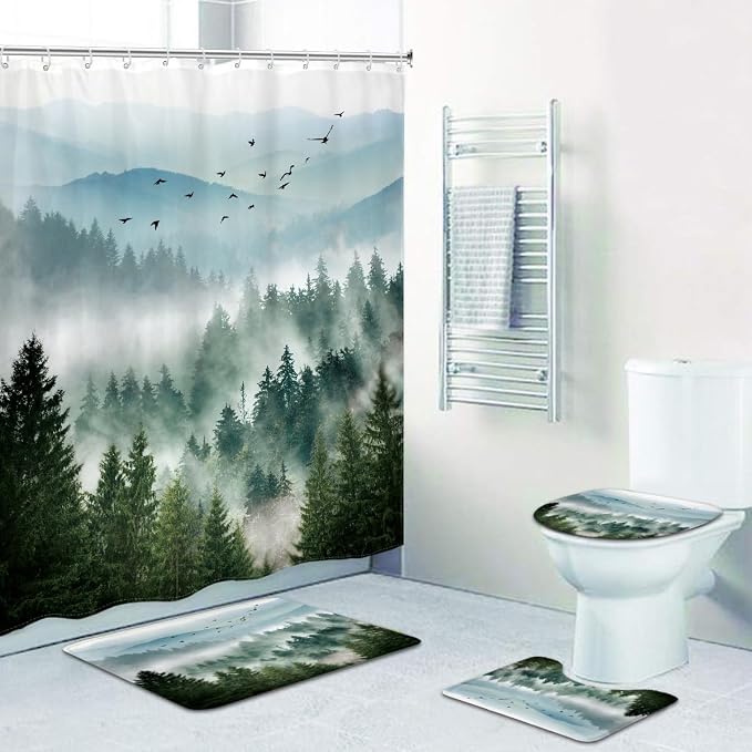 Riyidecor 4PCs Shower Curtain Sets Green Bathroom Curtain - Image 5