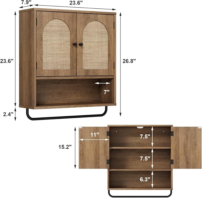 RUSTOWN Rattan Bathroom Wall Cabinet, Boho Medicine Cabinet - Image 2