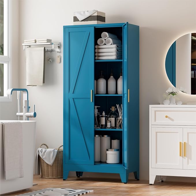 Blue Metal Kitchen Pantry Cabinet, Rustic Freestanding Cupboard - Image 4