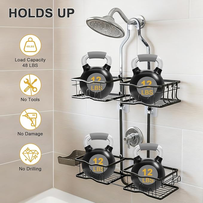 Shower Caddy Hanging Organizer, Rustproof Over Shower Head Caddy Holder - Image 3